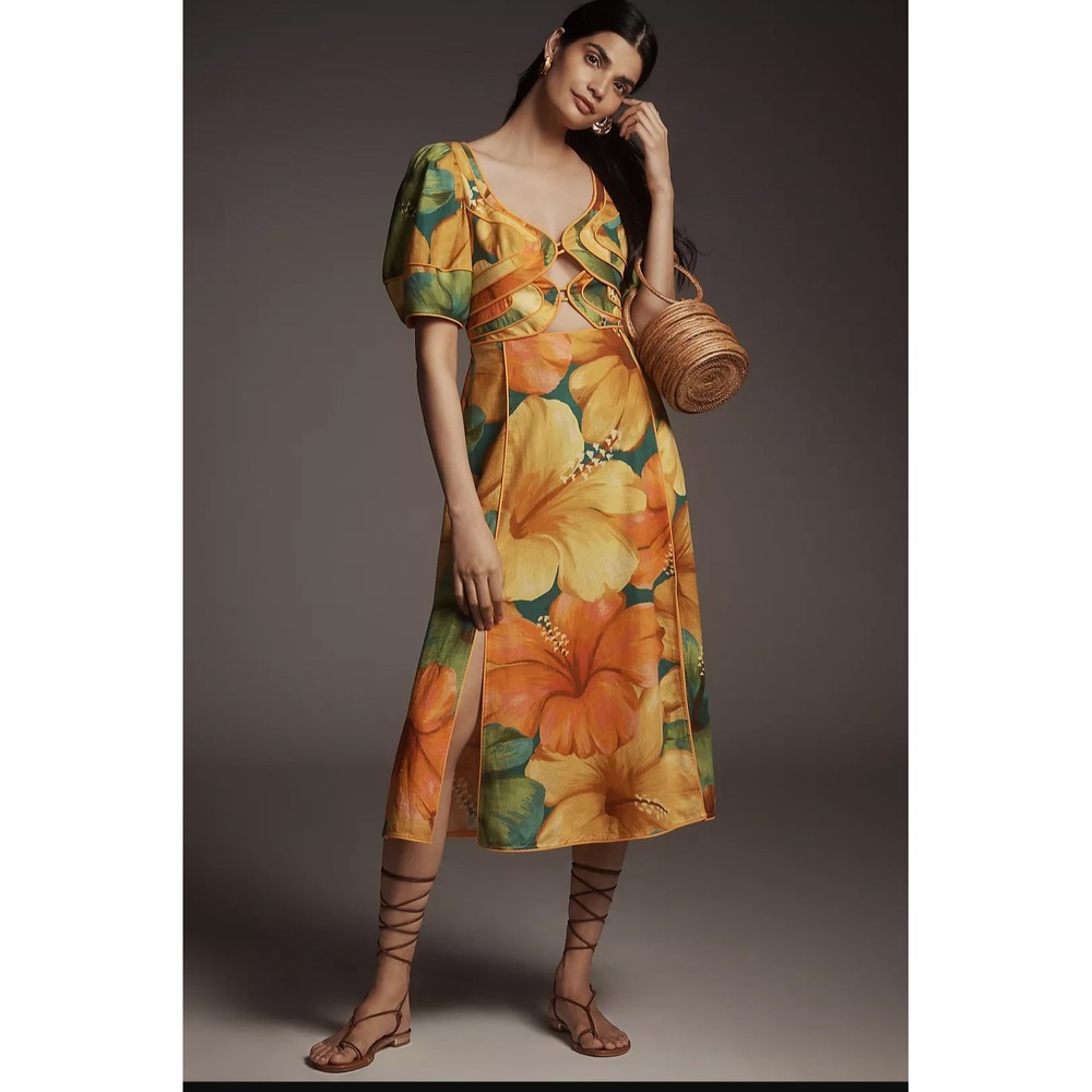 New Farm Rio Midi Dress Large Linen Blend Cutouts Orange Hibiscus Floral Cruise